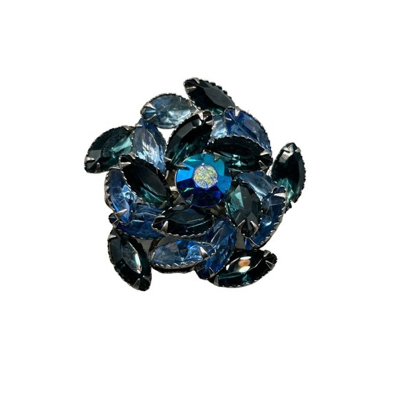 Vintage Layered Rhinestones Brooch Dark Blue Glass Stone Silver Tone Setting - Picture 1 of 9